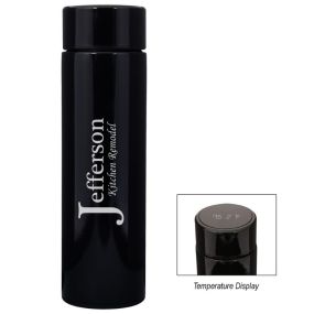 black stainless steel bottle with a temperature display on top and an imprint saying Jefferson Kitchen Remodel