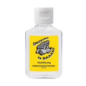 clear hand sanitizer bottle with an imprint of a yellow background and a sheep with sunglasses saying smoking is baaad and yoursite.org text below