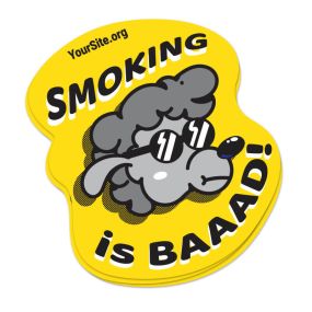 A sticker saying smoking is baaad with a sheep wearing sunglasses and yoursite.org text above