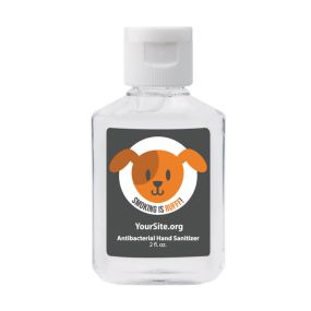 clear hand sanitizer with a white cap and an imprint of an animated dog and text below saying smoking is rufff! with yoursite.org text below
