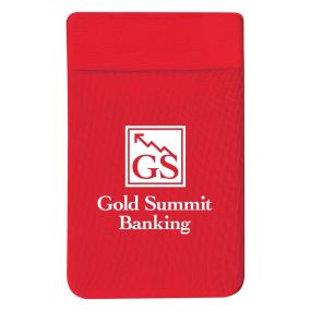 red stretchy spandex phone wallet with an imprint saying gold summit banking