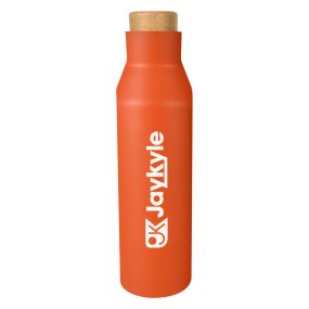 an orange stainless steel bottle with a wood lid and an imprint saying Jaykyle