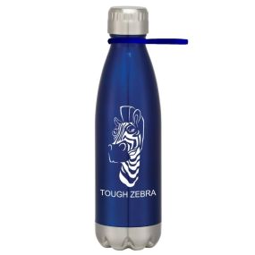 blue stainless steel bottle with silver cap and bottom and an imprint of a zebra and text below saying tough zebra