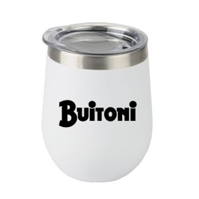 white stainless steel stemless cup with a clear lid and an imprint saying Buitoni