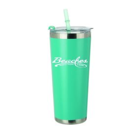 teal stainless steel bottle with a matching straw and an imprint saying Beaches Resorts for Everyone by Sandals