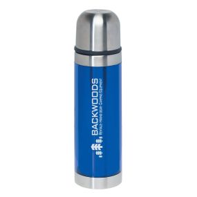 blue stainless steel thermos bottle with an imprint saying Backwoods rentals hiking gear and camping equipment