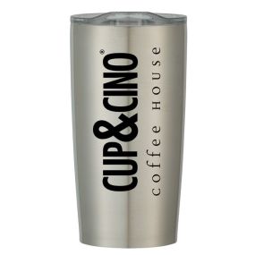 silver stainless steel tumbler with an imprint saying Cup & Cino Coffee House