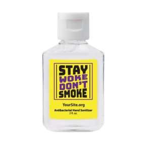 clear hand sanitizer with an imprint of a yellow background and text saying stay woke don't smoke