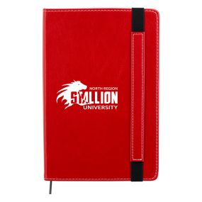 personalized red journal with leatherette finish and matching strap and bookmark closure