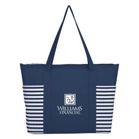 a navy striped tote bag with front pockets and an imprint saying Williams Financial