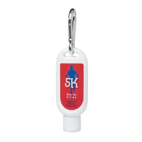 white sunscreen bottle with an imprint of a red background and a man running with text saying 5k run for pride