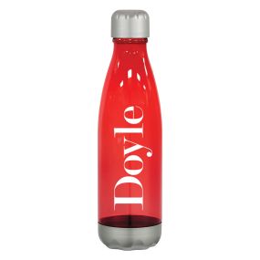 personalized red plastic bottle with an imprint saying doyle and a silver lid and bottom