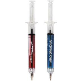 red and blue syringe pen with black ink