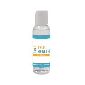 clear hand sanitizer with white cap and an imprint saying telehealth with a stick figure with a stethoscope and yoursite.org text below