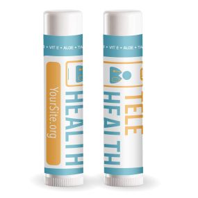 white lip balm with an imprint of a stick figure with a stethoscope and text saying tele health with yoursite.org text below