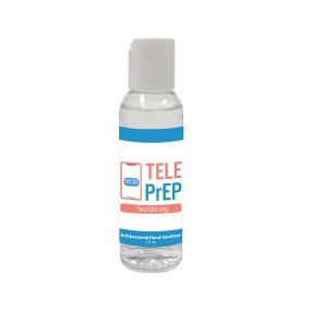 hand sanitizer bottle with a white top and an imprint saying teleprep and yoursite.org text below