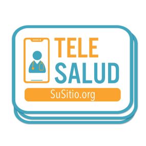 A square sticker with a phone with a doctor inside of it and text saying telesalud and susitio.org text below