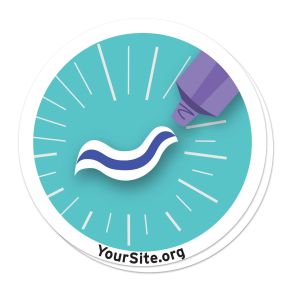 A round sticker with a toothpaste being dispensed and yoursite.org text below