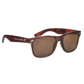 personalized Tortoise Sunglasses with imprint on left side of sunglasses saying york global
