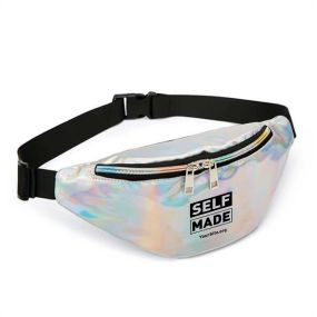 silver holographic fanny pack with an imprint at the front saying self made and text below saying yoursite.org