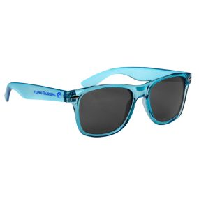 personalized translucent blue sunglasses with an imprint saying york global