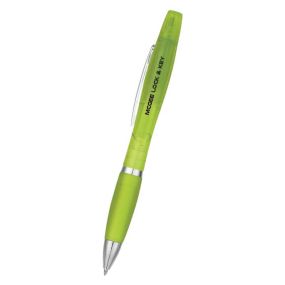 Green translucent green highlighter pen with clip and an imprint saying mcgee lock & key