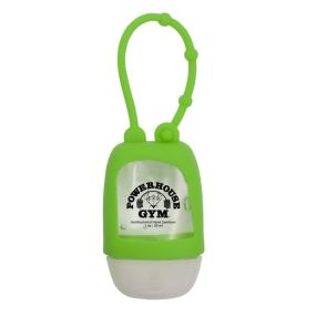hand sanitizer bottle inserted into a green silicone strap and an imprint saying powerhouse gym