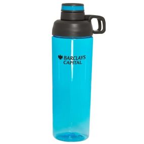 blue translucent plastic water bottle with a black lid and an imprint saying Barclays Capital