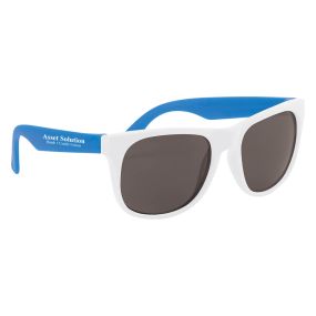 two-tone sunglasses with a white frame and blue temples with an imprint saying Asset Solution Bank Credit Union