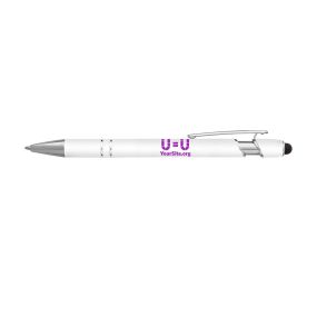 white pen with stylus and an imprint of the U=U logo with yoursite.org text below