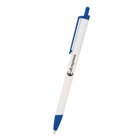 value click pen in white with blue trim and an imprint saying ultrapress