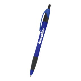 blue pen with black trim and rubber grip for writing and an imprint saying abruptbee