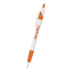 personalized pen with orange trim, rubber grip, and an imprint saying abruptbee
