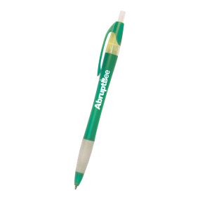 personalized translucent green pen with frosted clear grip, plunger, and an imprint saying abruptbee