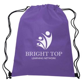purple non-woven drawstring bag with logo three stick figures as a logo with text saying bright top learning network below