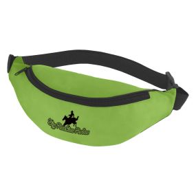 green value fanny pack with an imprint of a cowboy and text below saying big rockies rodeos and a zippered compartment