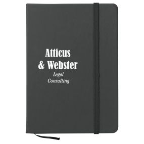 black journal with matching bookmark, closure strap, and an imprint saying atticus & webster legal consulting