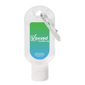 a hand sanitizer with a silver carabiner and an imprint saying vaxxed with yoursite.org text below