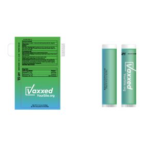 personalized lip balm with an imprint saying vaxxed and yoursite.org text below