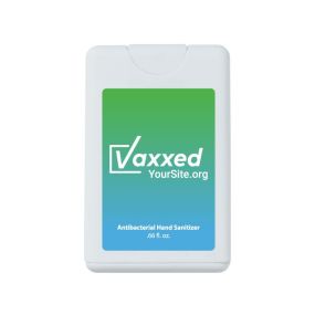 white hand sanitizer card with a gradient background and text saying vaxxed and yoursite.org text below it