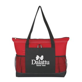 red tote bag with black trim, top zippered compartment, 2 side mesh pockets, front pocket, and an imprint saying Dalattu Hawaii Bank