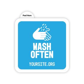 a square sticker saying wash often and yoursite.org text below