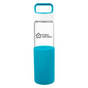 personalized glass bottle with blue silicone sleeve and white and matching blue lid