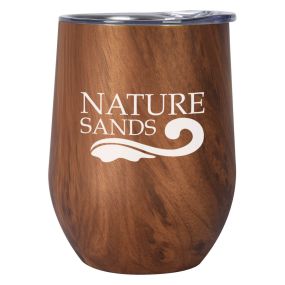 a woodgrain cup with a clear lid and an imprint saying Nature Sands