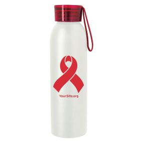 white stainless steel bottle with black lid and an imprint of a red ribbon and yoursite.org text below