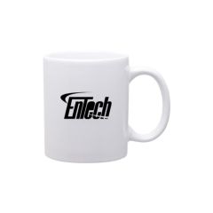 white ceramic mug with an imprint saying entech
