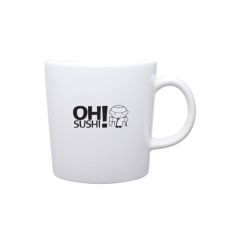white mug with an imprint of a boy holding a fish and a knife and text to the left saying oh sushi!