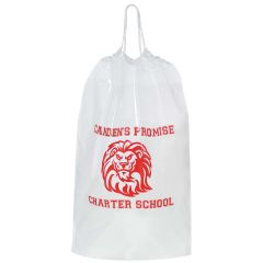 cotton cord plastic drawstring bag with cotton handles and an imprint with a lion in the middle and text saying caden's promise charter school