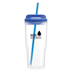 acrylic tumbler with a blue straw and lid and an imprint on the tumbler with a pine tree and text saying agri sciences 