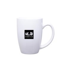 white ceramic mug with an imprint of a square an inside the square says H&B fitness club